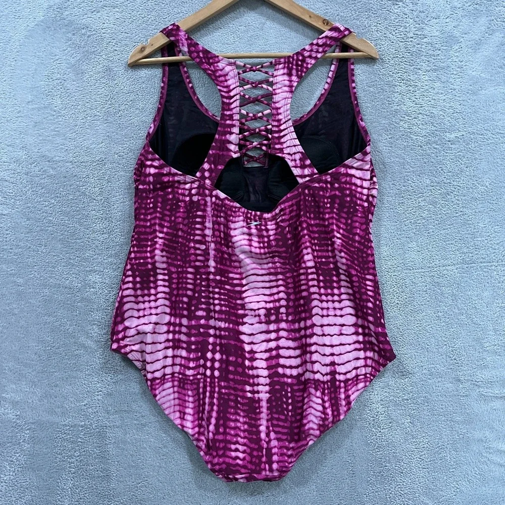 Speedo One Piece Swimsuit Womens 18 Pink Magenta Tie Dye Padded Lattice Back